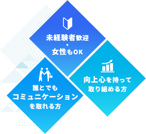 未経験者歓迎・女性もOK、向上心を持って取り組める方、誰とでもコミュニケーションを取れる方